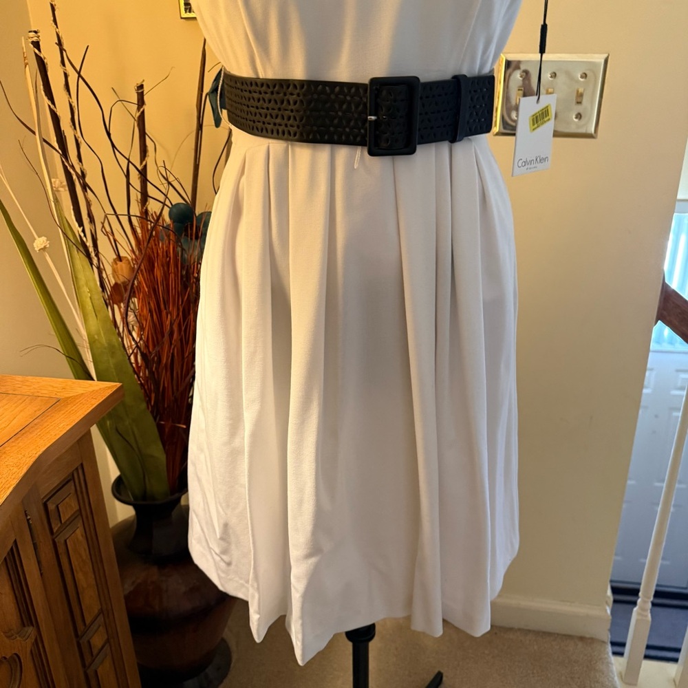 Calvin Klein White Sleeveless Pleated Midi Dress with Black Belt - Picture 7 of 15